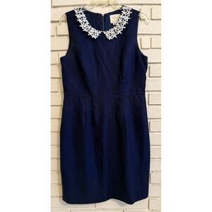 Kate Spade Sleeveless Sheath Dress with Lace Collar, Linen Blend, Size 10 Blue